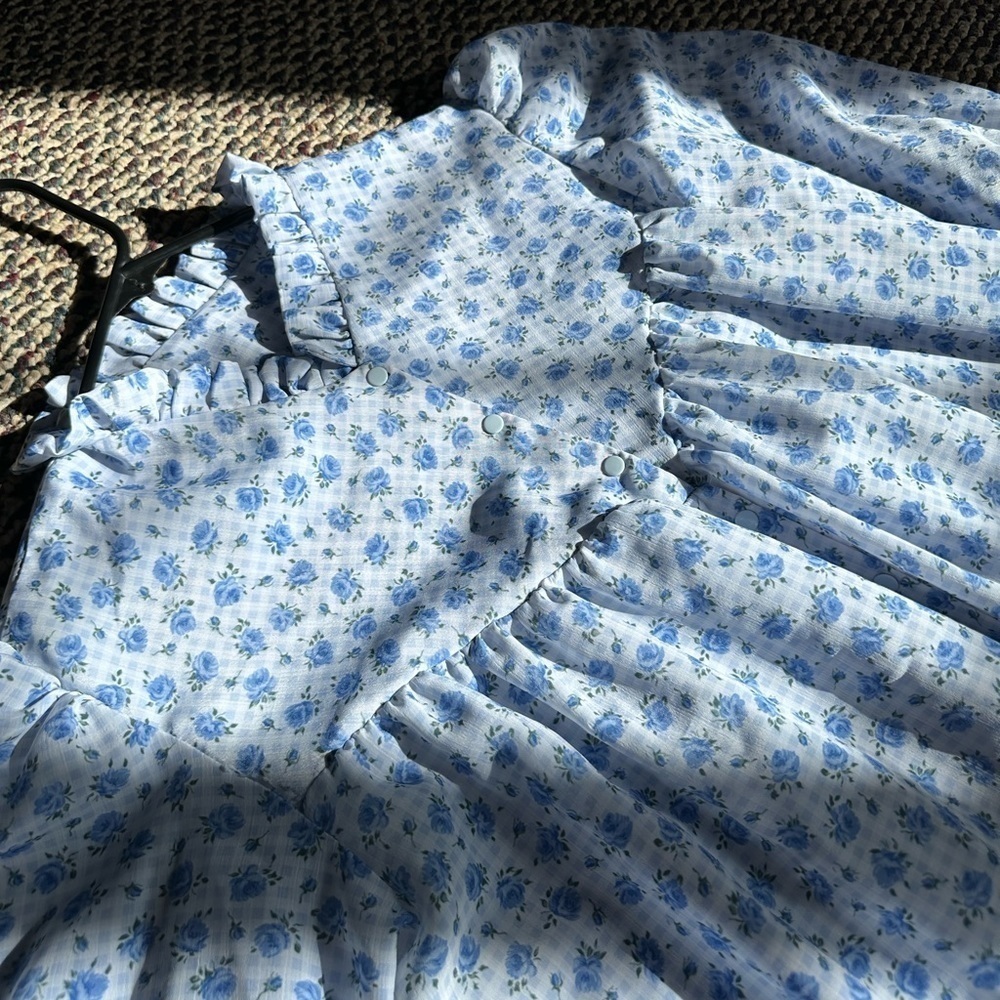 Vintage floral midi dress long sleeve prairie size L XL handmade gingham…​​​​​ - Picture 3 of 6